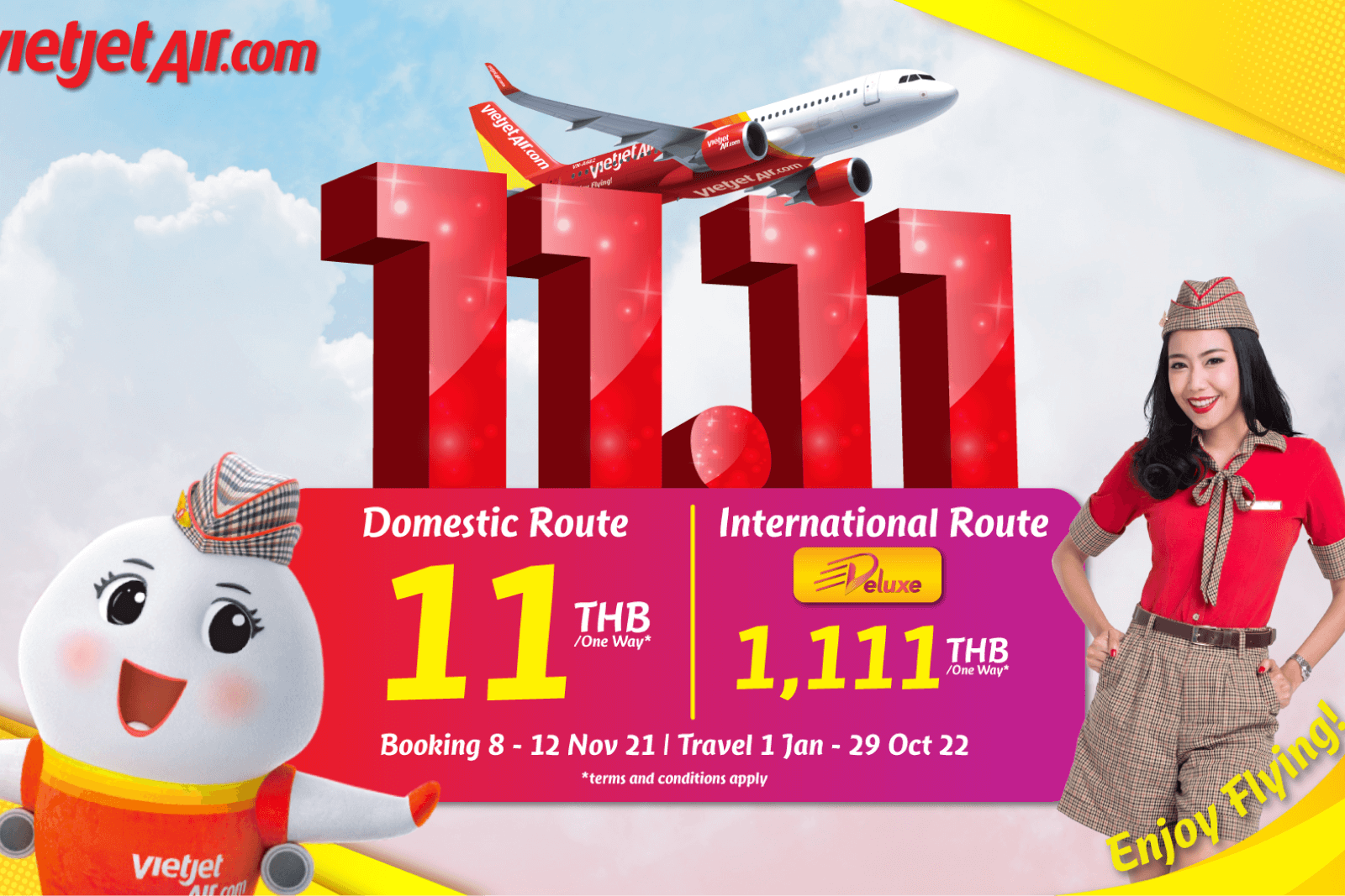 ฉลองมหกรรมลดกระหน่ำ 11.11 กับไทยเวียตเจ็ท ตั๋วโปรฯเริ่มต้น 11 บาท