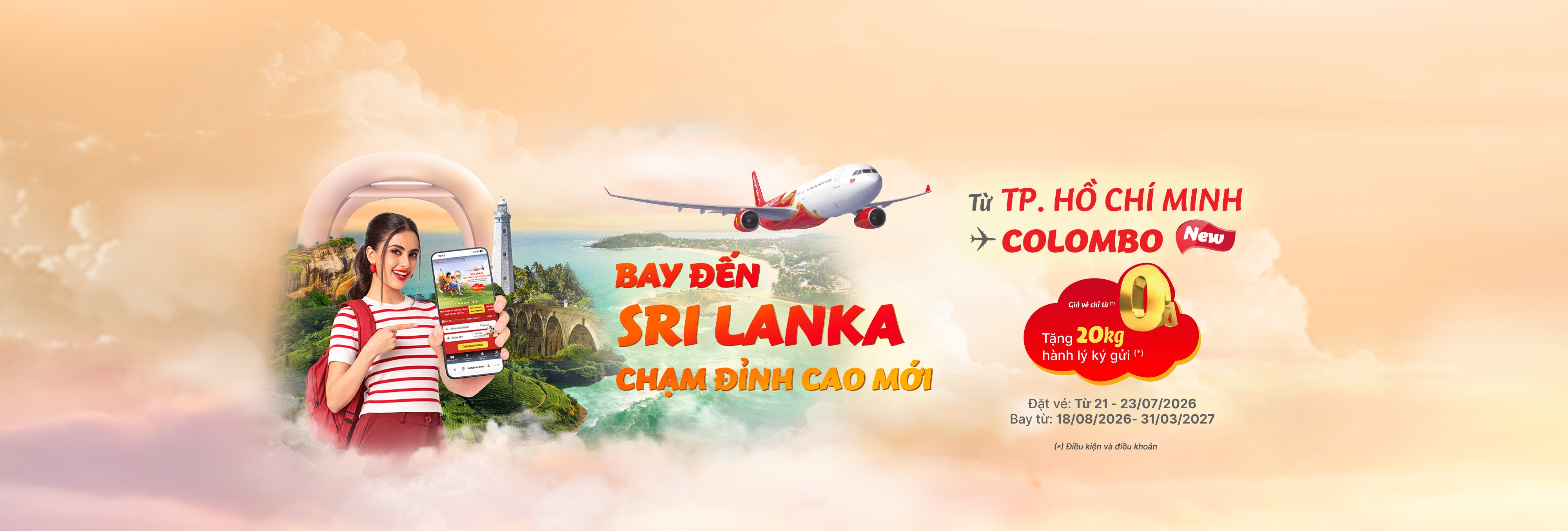 Bay đến Sri Lanka, Chạm đỉnh cao mới! Vé chỉ từ 0 đồng và tặng 20kg hành lý ký gửi