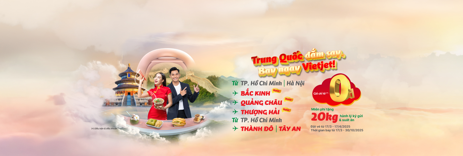 Miễn phí 20kg hành lý ký gửi & 01 suất ăn khi bay đến Trung Quốc