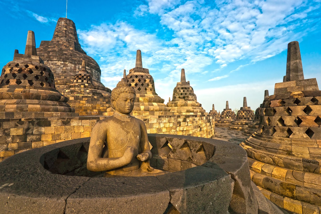 Close-up of intricate carvings at Borobudur Temple, Java.