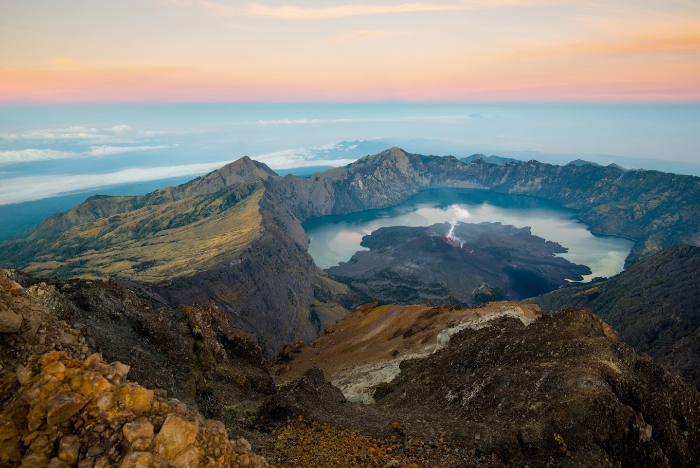 A stunning sunrise from the peak of Mount Rinjani, Lombok.