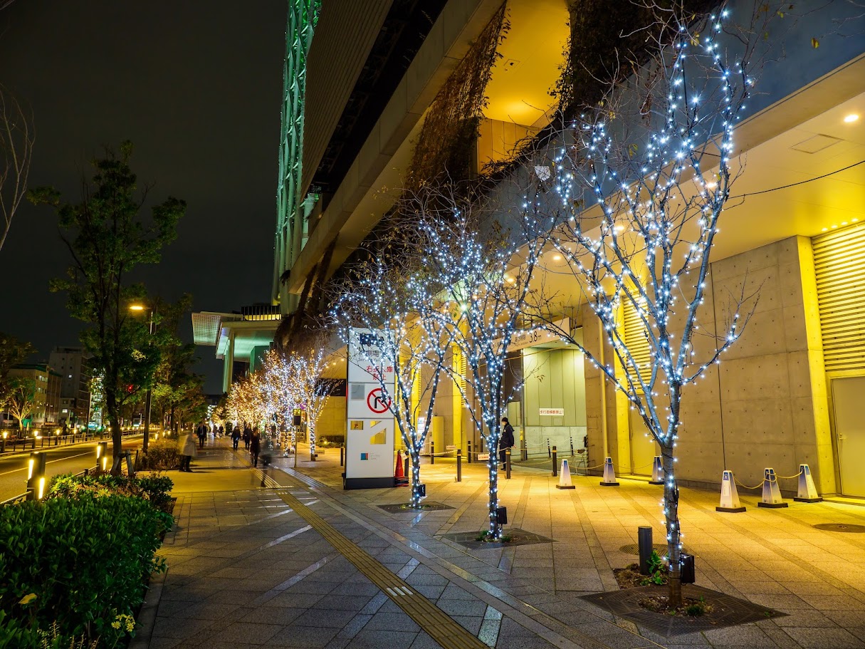  クリスマスシーズンにライトアップされた日本の街並み。