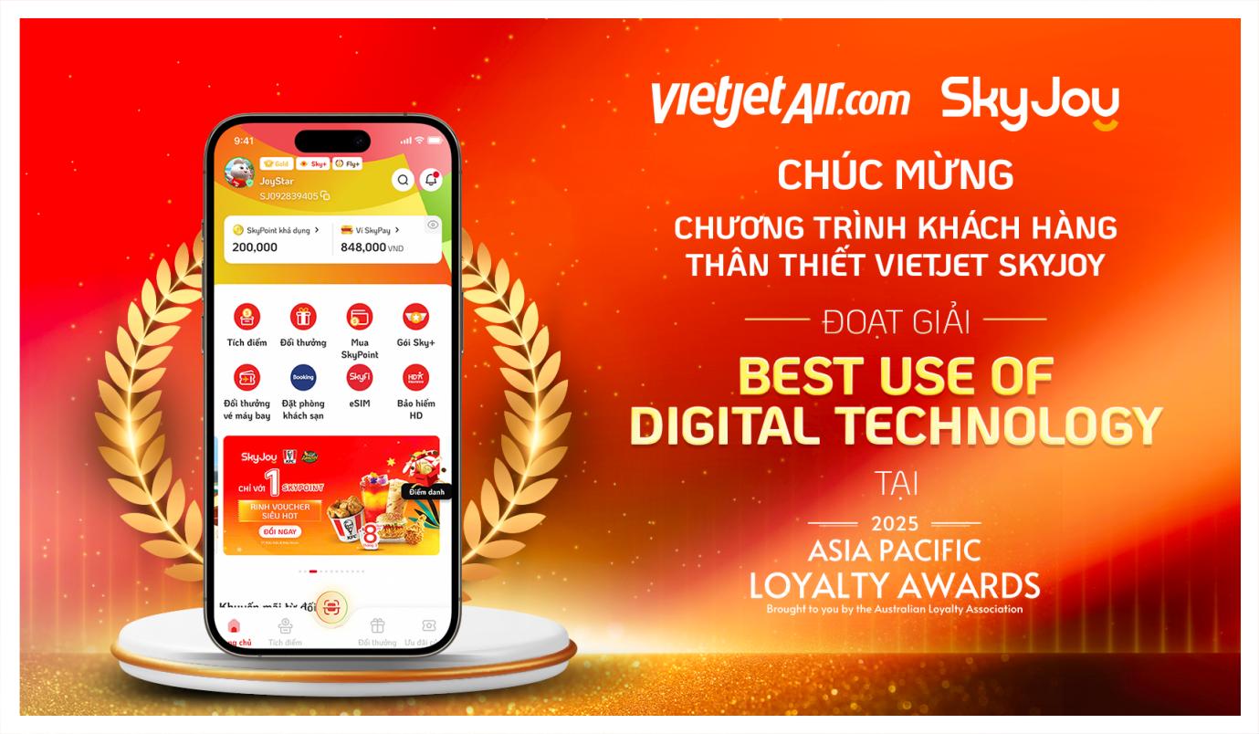 Chương trình khách hàng thân thiết Vietjet SkyJoy khẳng định vị thế tiên phong với giải thưởng danh giá tại Asia Pacific Loyalty Awards 2025