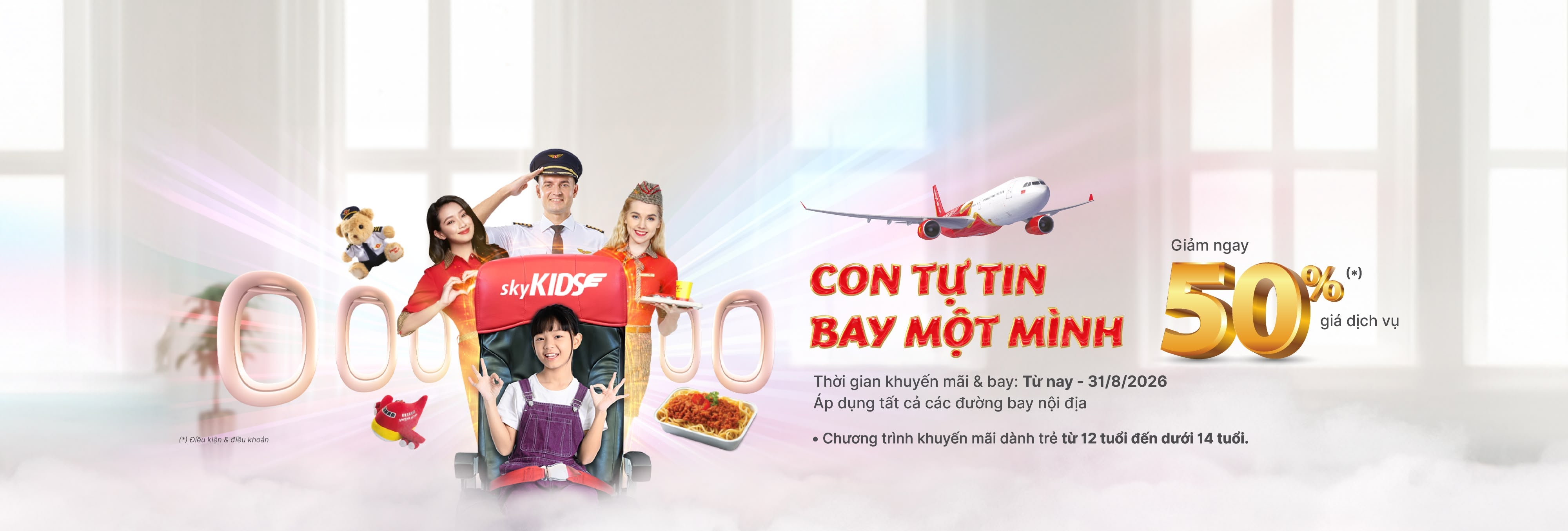Giảm 50% dịch vụ Sky Kids - Con tự tin bay một mình cùng Vietjet!